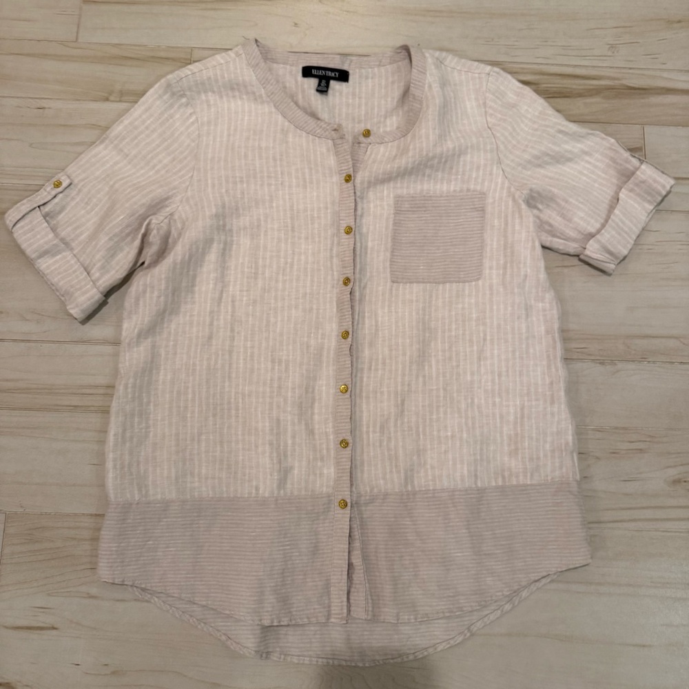 Ellen Tracy Cream Striped Linen Collarless Button-Up Top Size L